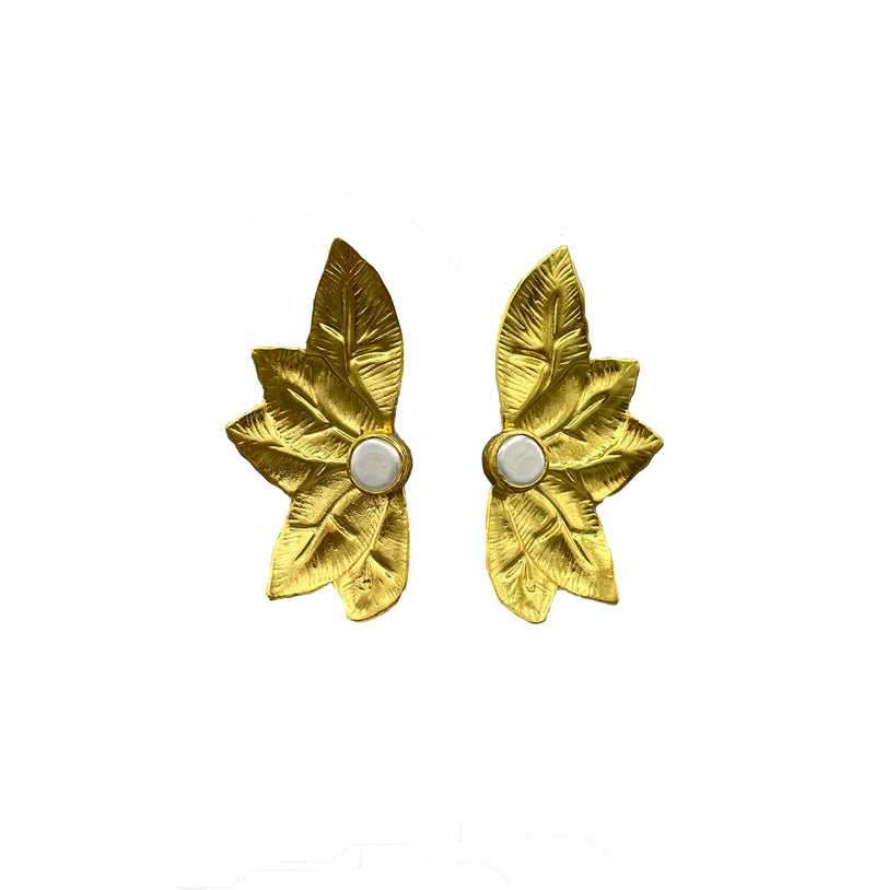 18K GO Leaves with Pearl Earrings